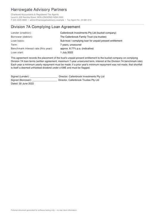 Synthetic loan agreement used in the FediPilot demonstration