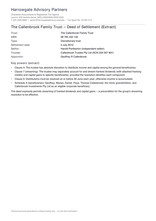 Synthetic Callenbrook trust deed used in the group demonstration