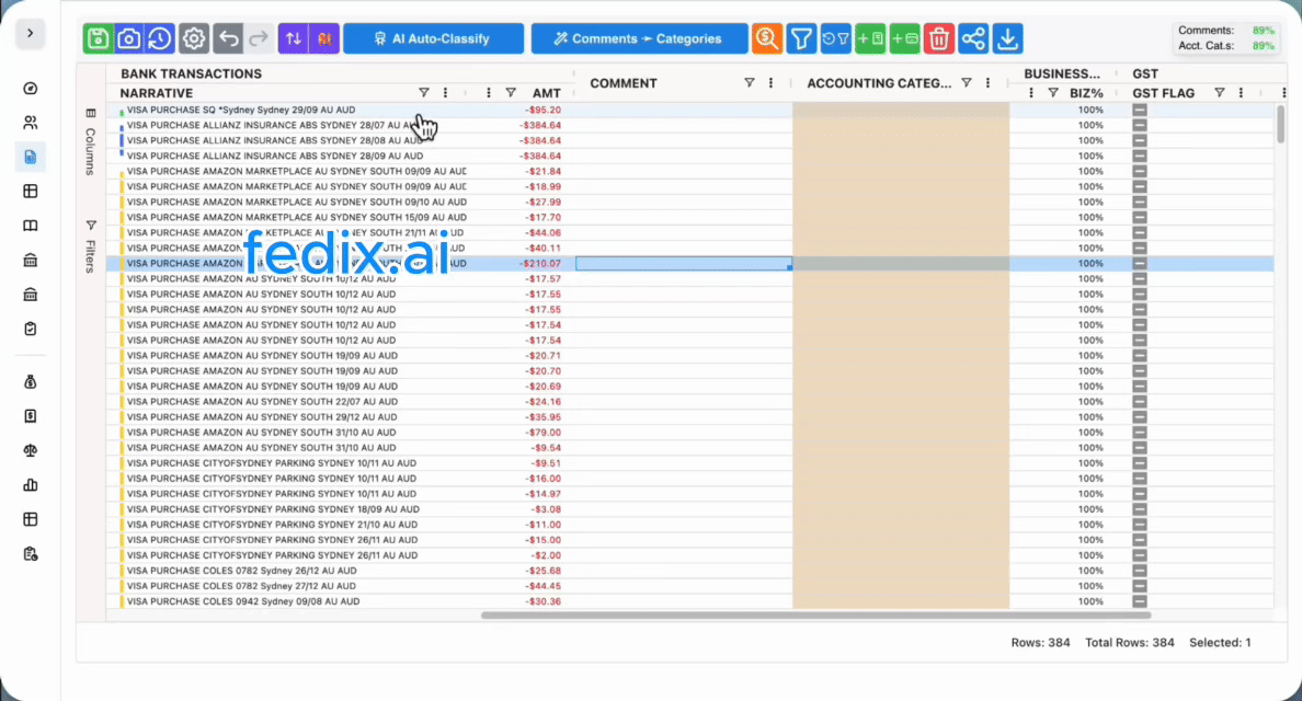 AI Reconciliation interface showing automated transaction matching and categorization