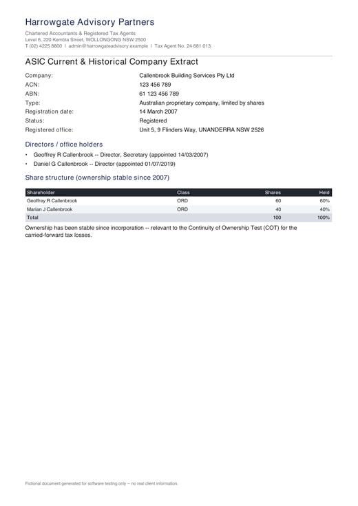 ASIC company extract for Callenbrook Building Services Pty Ltd