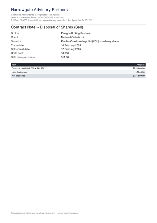 Contract note for a share disposal by Marian Callenbrook