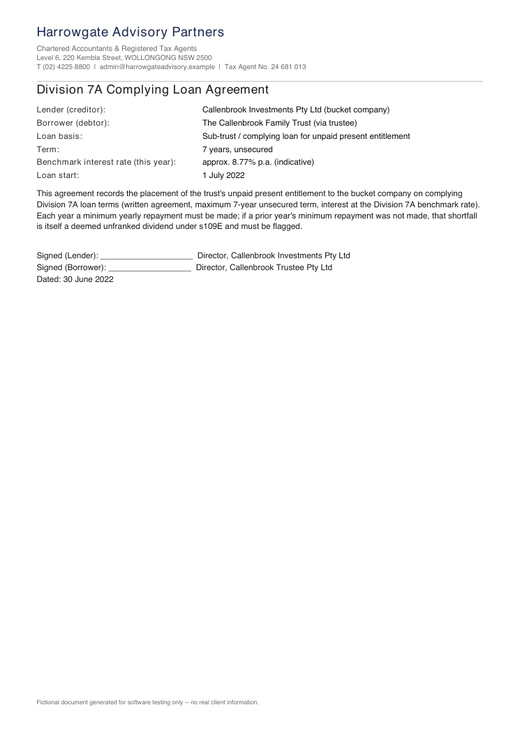 Division 7A complying loan agreement between the trust and the bucket company