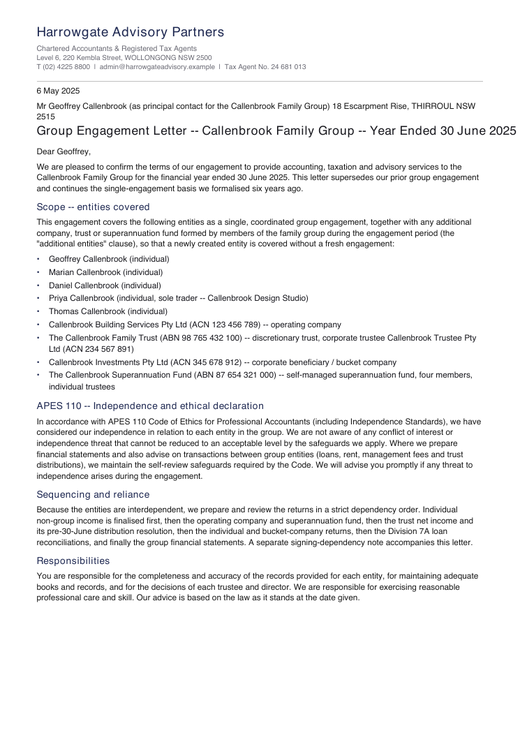 Group Engagement Letter for the Callenbrook Family Group, year ended 30 June 2025