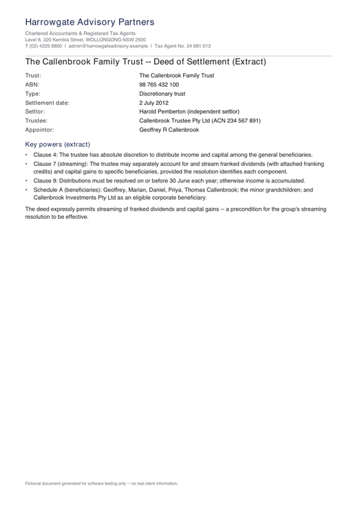 Deed of settlement extract for the Callenbrook Family Trust